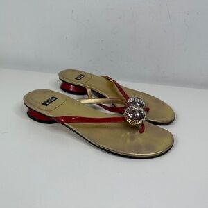 Stuart Weitzman Shoes Women 7.5 Red Gold Beading Leather Slip On Block Heel